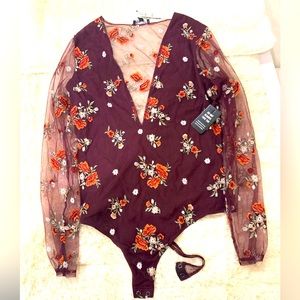 NWT Express Burgundy Floral Long Sleeve Mesh Bodysuit